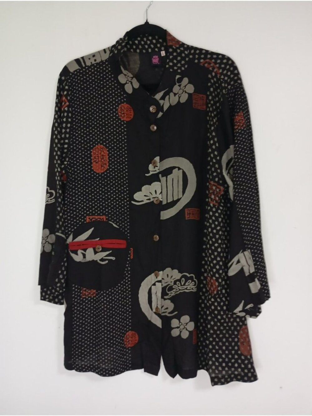 Cupcake International Top Tunic Shirt Black Red Button-Up Lightweight Sz L Women
